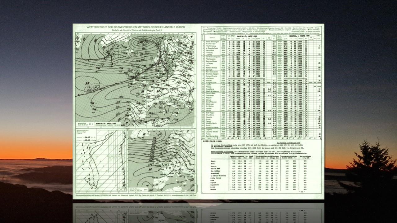 Carte au sol et relevés du 4 mars 1990 [Météosuisse - Jacques Spicher]