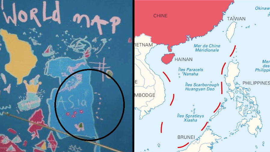 A gauche: la carte représentée dans le film "Barbie". A droite: la carte des neuf pointillés délimitant les revendications territoriales de la Chine. [RTS - Warner Bros / HGGSP]