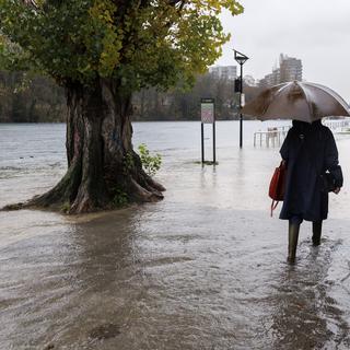 Une passante sur le sentier des Saules à Genève, à la suite de la montée des eaux du Rhône. [Keystone - Salvatore Di Nolfi]