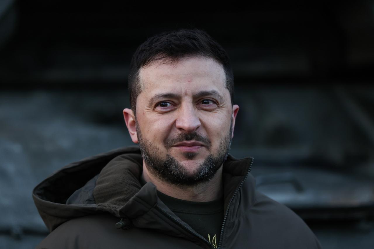 Le président de ukrainien Volodymyr Zelensky, photographié lors de sa visite en Grande-Bretagne le 08 février 2023. [KEYSTONE - EPA/HOLLIE ADAMS]