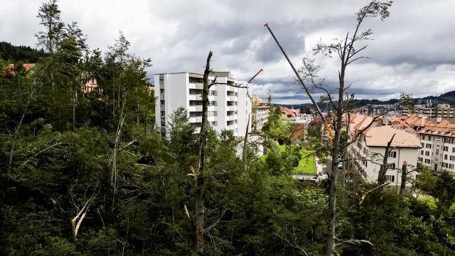 La Chaux-de-Fonds ouvre trois comptes bancaires en vue de la reconstruction après la tempête qui a endommagé de nombreux bâtiments et la végétation. [Kestone - Jean-Christophe Bott]