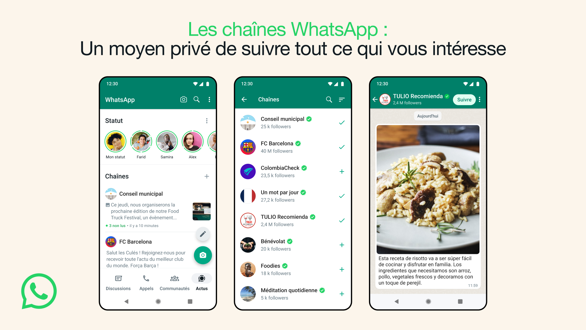 Les chaînes WhatsApp permettront de recevoir des actualités de la part de personnes et d'organisations. [WhatsApp]
