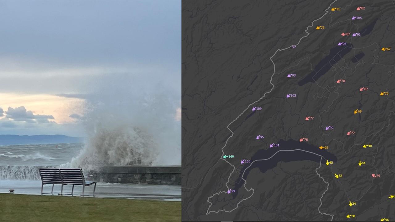 Vents maximums sur l'Ouest de la Suisse (arrondis à la supérieure) le 26 février 2023 [Météosuisse - Eric Tornare]