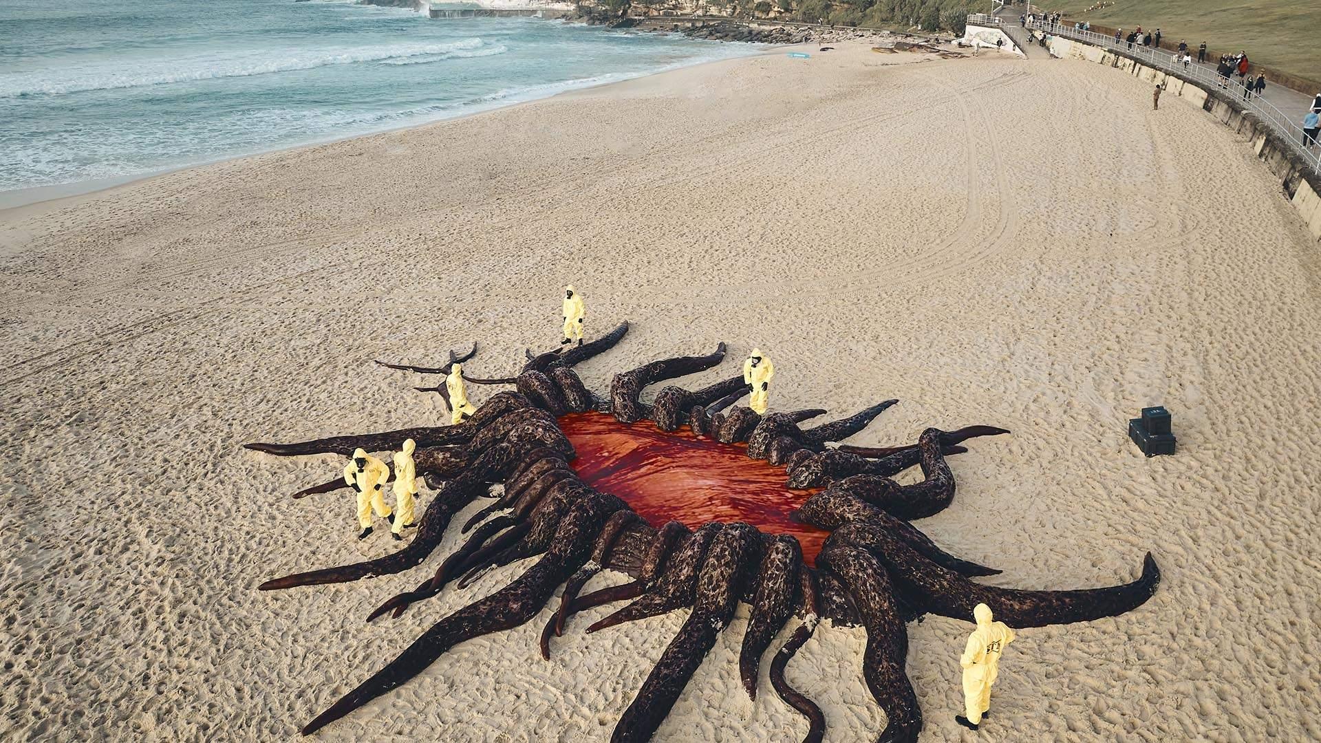 Une entrée vers le monde à l'envers installée sur la plage de Bondi en Australie pour faire la promotion de la série Stranger Things. [Aquabumps/Netflix]