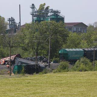 Des sabotages imputés par Moscou à l'Ukraine ont notamment fait dérailler des trains, comme ici à Simferopol, dans la péninsule de Crimée. [STRINGER / AFP - STRINGER]