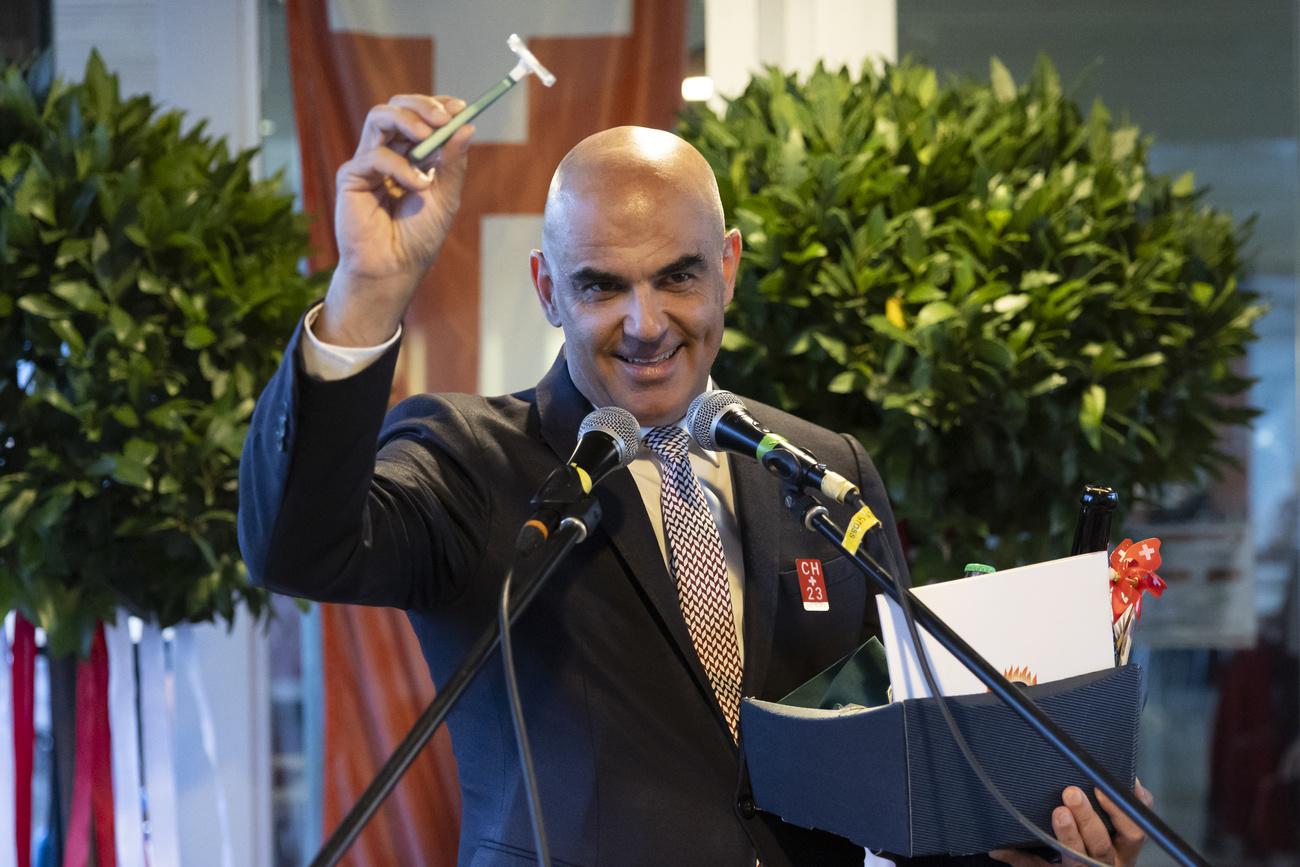 Alain Berset lors de son discours du 1er Août le 31 juillet 2023 à Aegerten (BE). [Keystone - Peter Klaunzer]