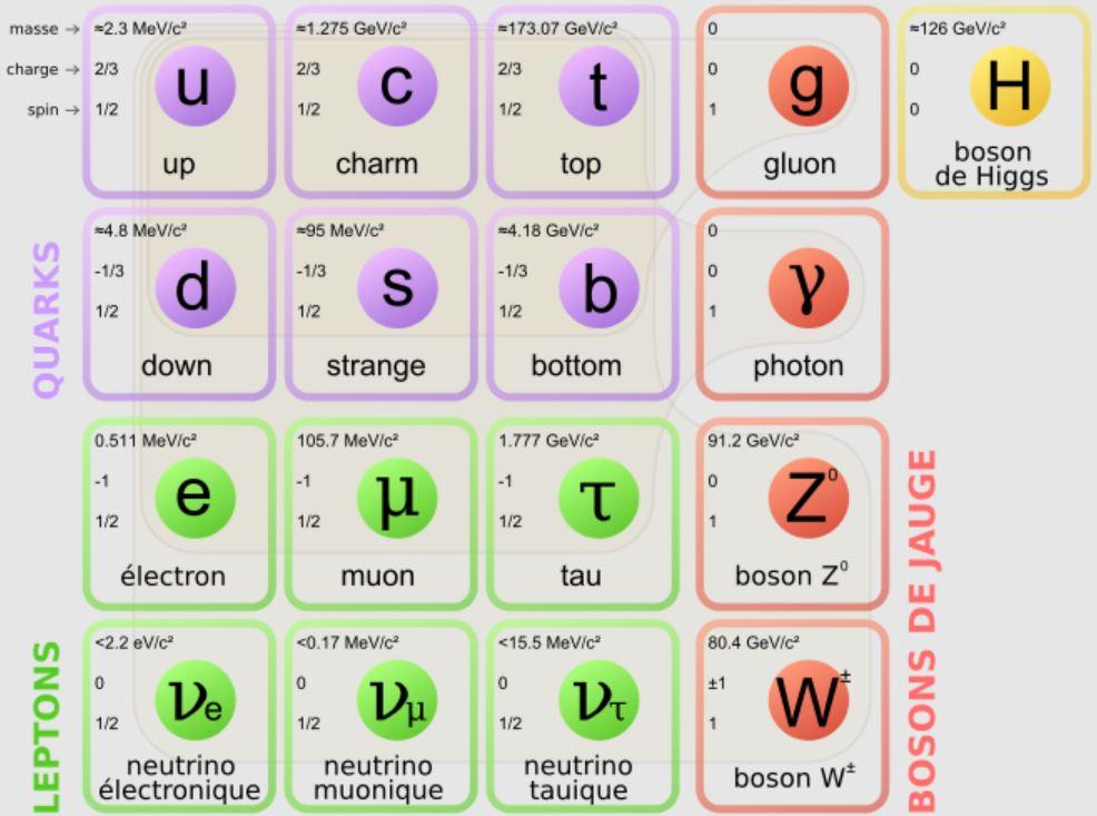 Modèle standard des particules élémentaires avec les trois générations de fermions (trois premières colonnes), les bosons de jauge (quatrième colonne) et le boson de Higgs (cinquième colonne). [CC 3.0/Wikimedia - MissMJ]