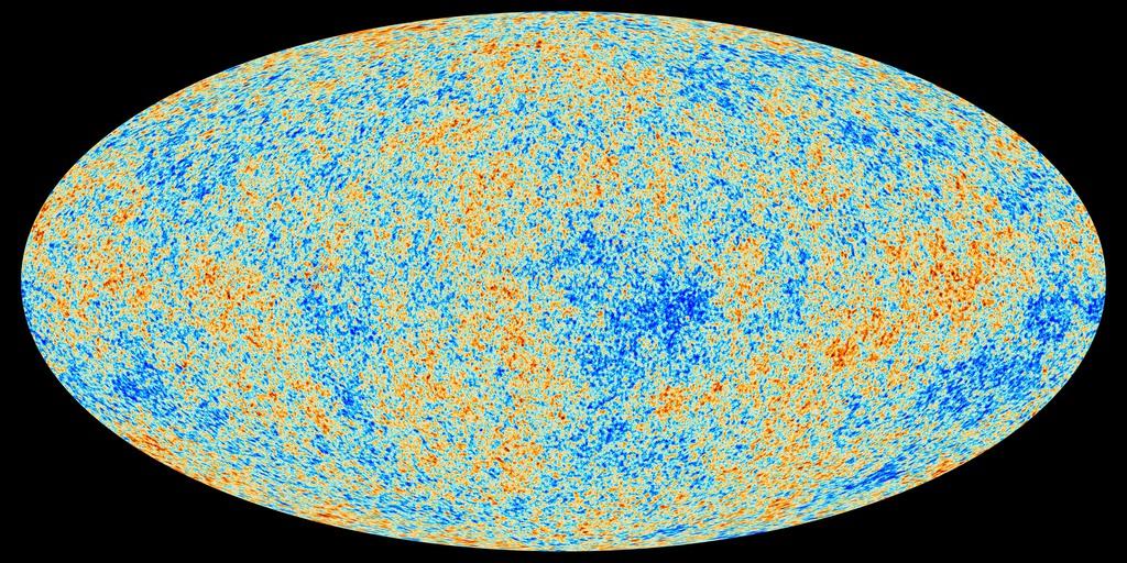 La rémanence du Big Bang, le fond diffus cosmologique (CMB), détecté par la sonde spatiale Planck de l'ESA. Ce rayonnement s'est imprimé dans le ciel lorsque l'Univers avait 370'000 ans. Il montre de minuscules fluctuations de température qui correspondent à des régions de densités légèrement différentes, représentant les germes de toute la structure future: les étoiles et les galaxies d'aujourd'hui. [AP Photo/ESA - Planck Collaboration via NASA]