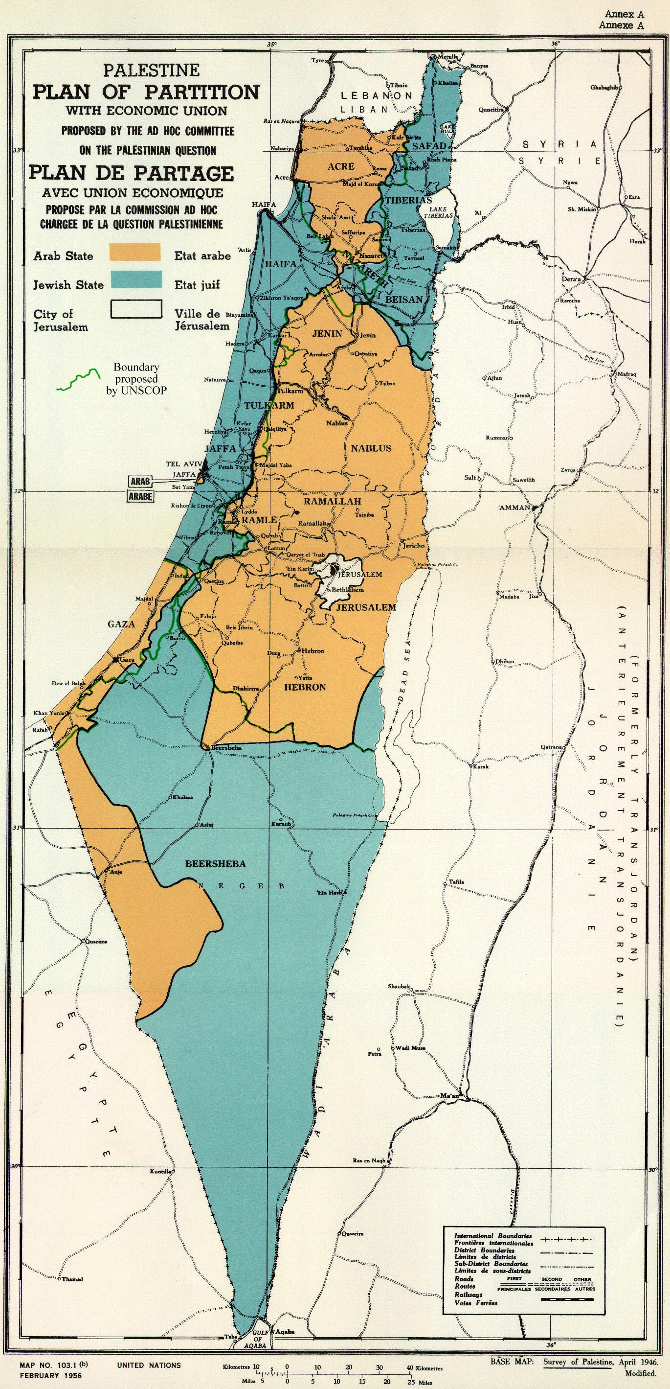 Plan de partage de l'ONU en 1947 avec en turquoise, l'Etat juif, en orange, l'Etat palestinien et en blanc, Jérusalem sous contrôle international. [Nations unies/wikipédia]