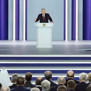 Le discours annuel de Vladimir Poutine. [Keystone - EPA/SERGEY SAVASTYANOV]