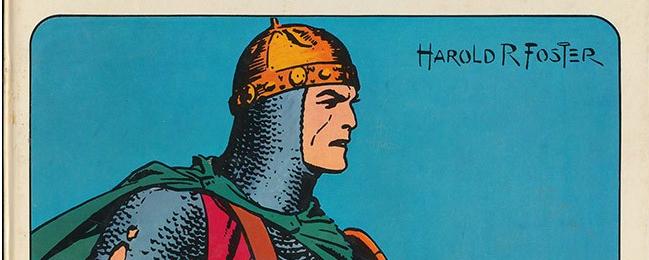 Couverture de l'album "Le complot diabolique" (1974), un épisode de la série "Prince Vaillant" par Harold R Foster (éd. Hachette). "Prince Valiant in the Days of King Arthur" est une bande dessinée américaine créée en 1937. Bien que ces aventures soit manifestement censées se dérouler durant le Bas-Empire romain, Foster y a incorporé des éléments anachroniques: des drakkars vikings, des musulmans, des alchimistes et des avancées technologiques datant de la Renaissance [Hachette - Harold R Foster]