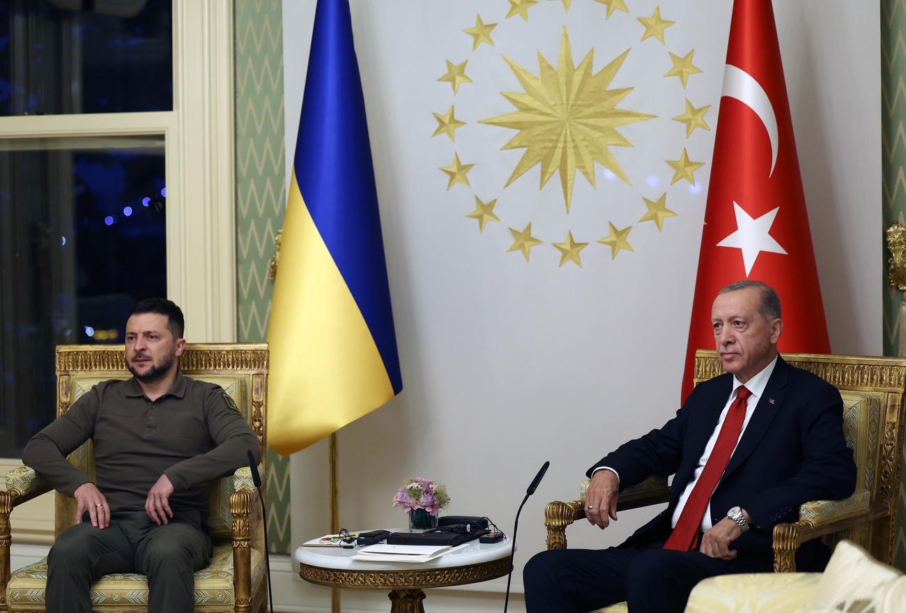La rencontre entre le président ukrainien Volodymyr Zelensky et le chef de l'Etat turc Recep Tayyip Erdogan a eu lieu le soir du vendredi 7 juillet 2023 à Istanbul. [KEYSTONE - EPA/MURAT CETIN MUHURDAR]