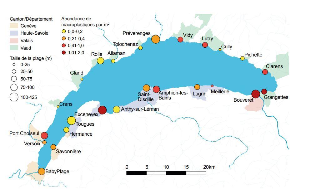 Répartition des plages étudiées avec mention de l’abondance des macroplastiques. [Association pour la sauvegarde du Léman]