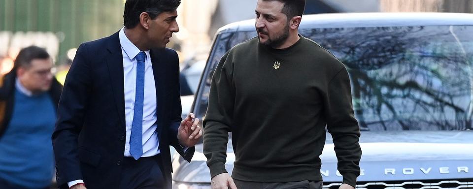 Volodymyr Zelensky s'est rendu à Londres pour s'entretenir avec Rishi Sunak, le 8 février 2023. [Keystone/EPA - Andy Rain]