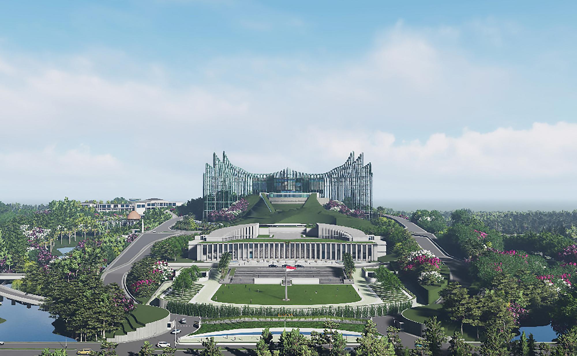 Une image de synthèse montre le futur palais présidentiel indonésien, dans le cadre du transfert de la capitale de Jakarta vers l'île de Bornéo recouverte de jungle, dans la nouvelle ville nommée Nusantara. [AFP - Nyoman Nuarta]