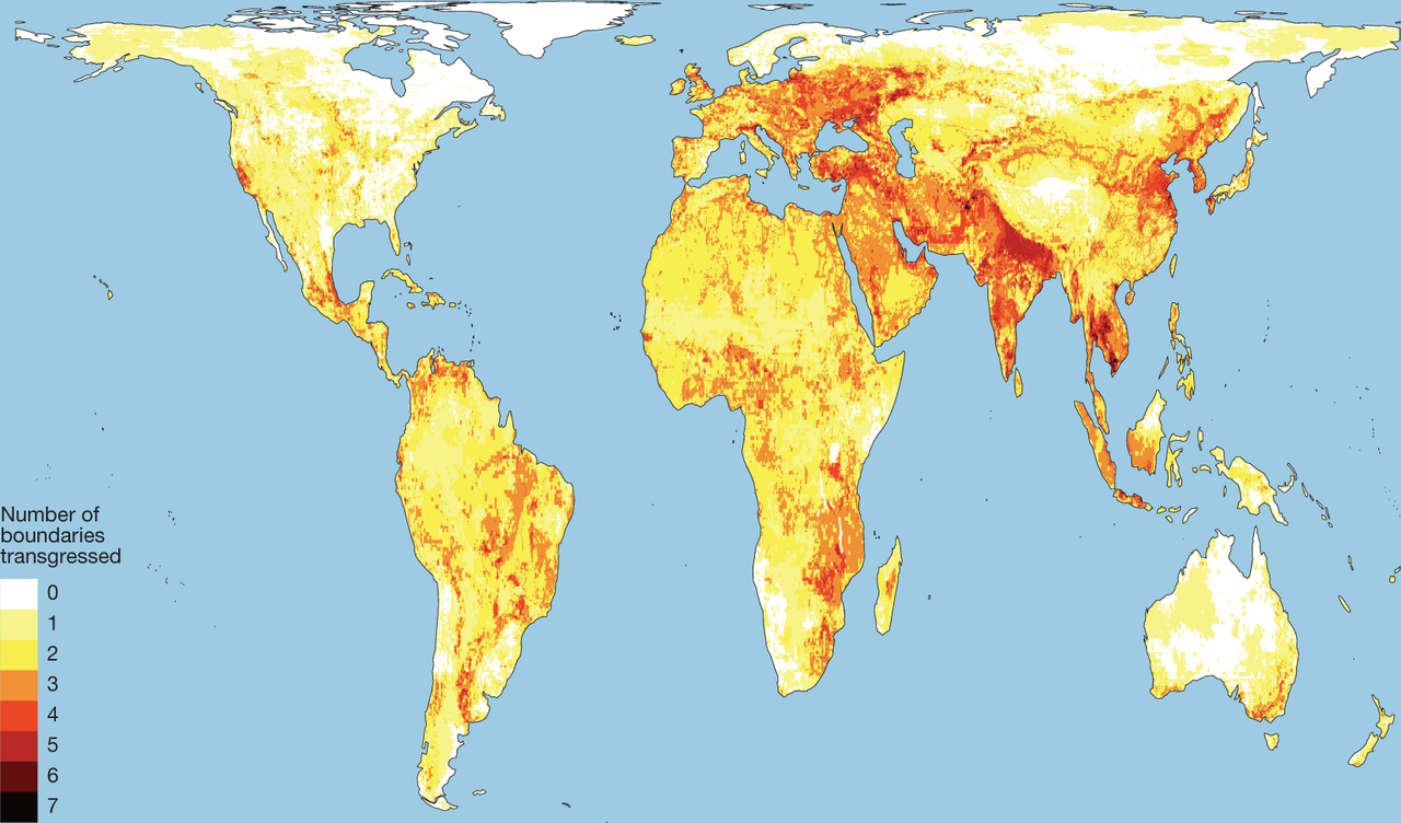 Nombre de limites sub-globales du climat (deux limites locales d'exposition), de l'intégrité fonctionnelle, des eaux de surface, des eaux souterraines, de l'azote, du phosphore et des aérosols, sûres et justes des limites du système terrestre actuellement transgressées par emplacement. [Nature - Rockström, Gupta, Qin & al.]