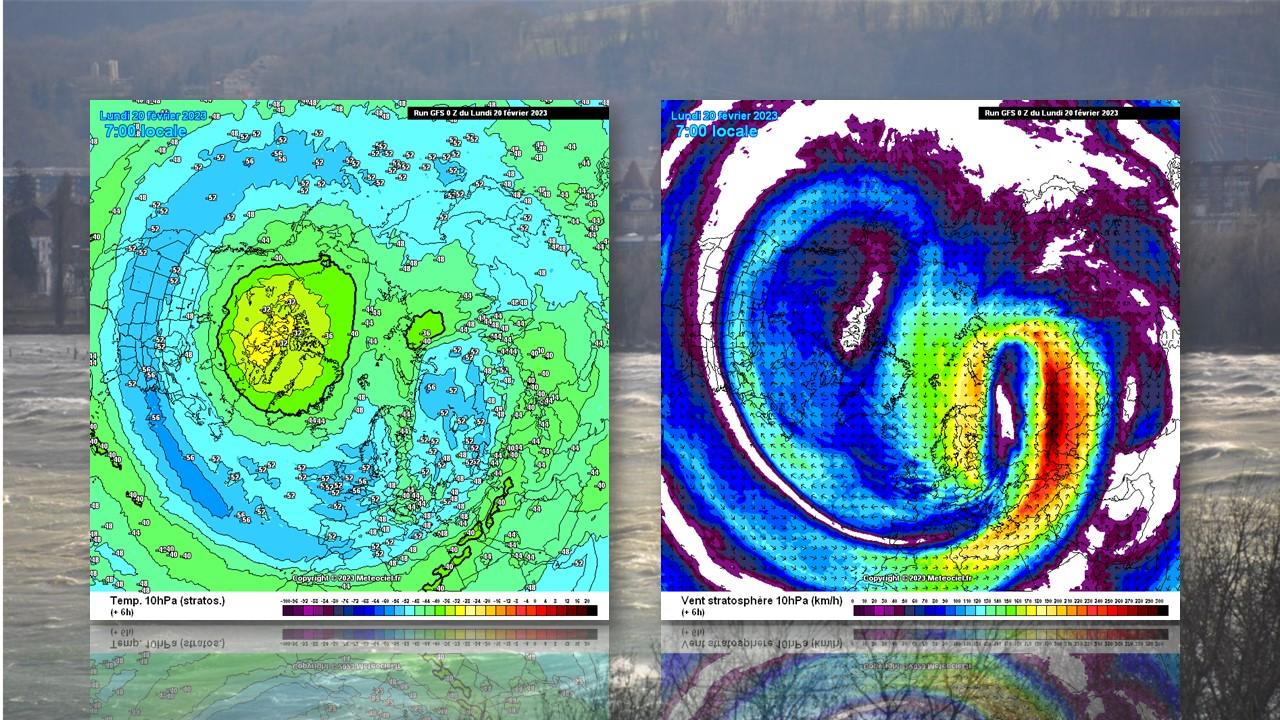 Températures dans la stratosphère à 10 hPa et circulation des courants le 20 février 2023 [NOAA/GFS - Randall Volpe]