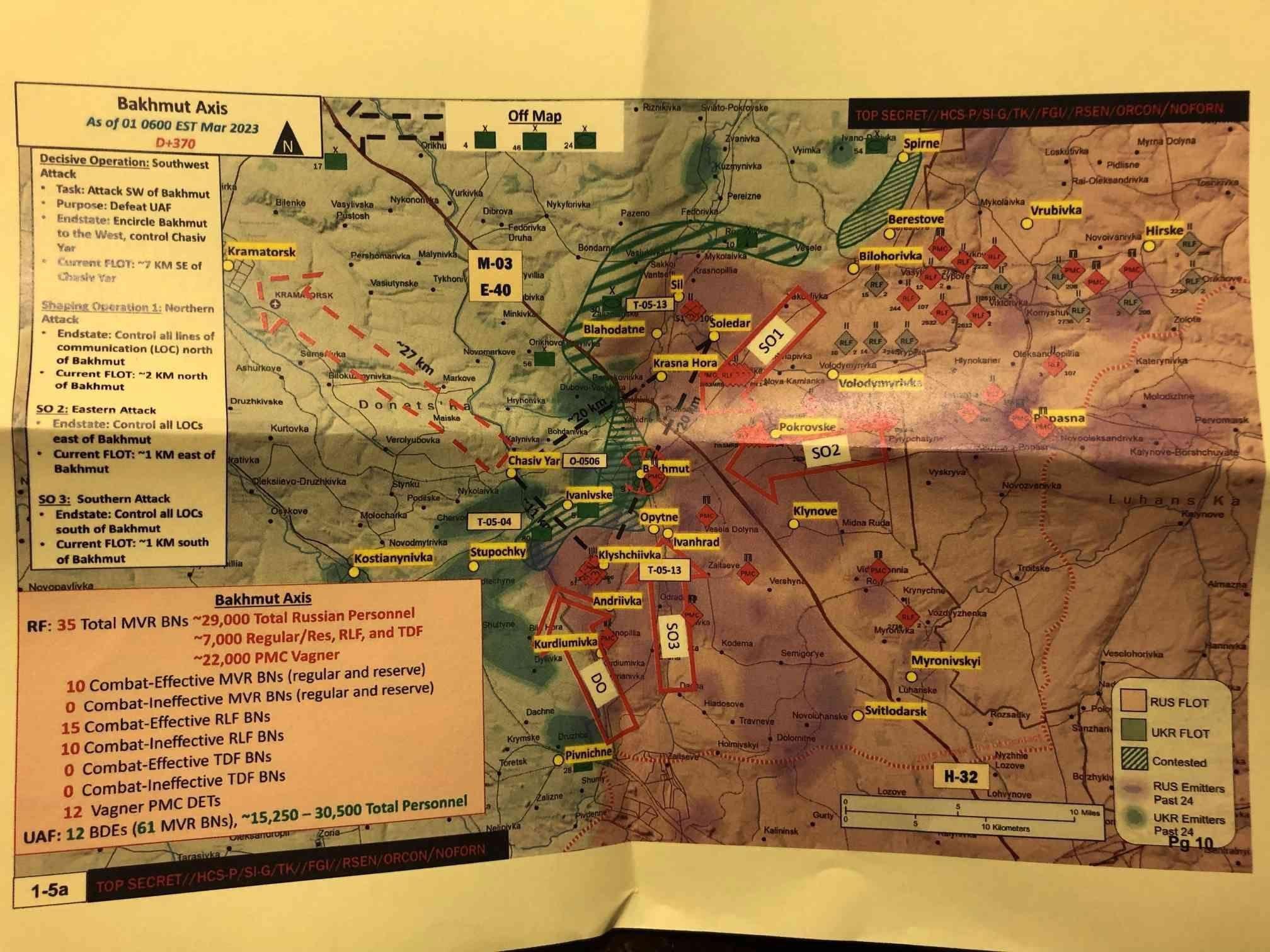 Un des documents classifiés américains qui a fuité et montre au début du mois de mars, le risque d'encerclement à Bakhmout. [RTS]