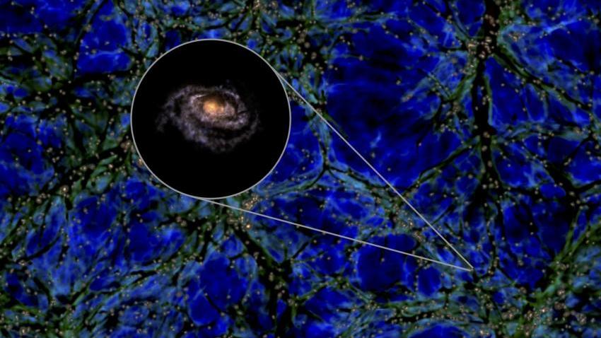 Une galaxie solitaire, analogue à la Voie lactée, trop massive pour son mur. L'image de fond montre la distribution de la matière noire (en vert et bleu) et des galaxies (les petits points jaunes) dans une fine tranche du volume cubique dans lequel les scientifiques s'attendent à trouver une de ces rares galaxies massives. [CC BY 4.0 - Images: Miguel A. Aragon-Calvo. Simulation data: Illustris TNG project]