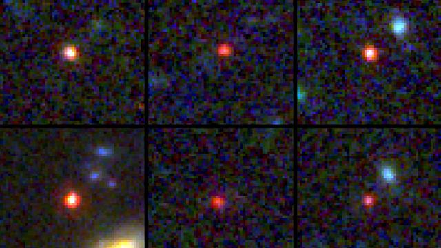 Six galaxies massives candidates, vues 540 à 770 millions d'années après le Big Bang, ont été observées par le télescope spatial James Webb. Celle qui se trouve en bas à gauche pourrait contenir autant d'étoiles que notre Voie lactée actuelle, mais en étant 30 fois plus compacte. [Handout via Reuters - I. Labbe (Swinburne University of Technology)/NASA, ESA, CSA]