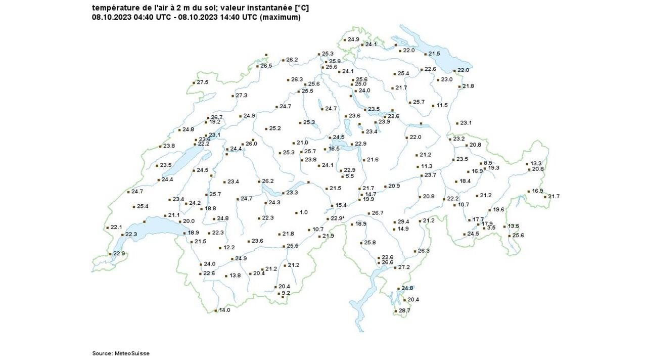 Températures maximales relevées par Météosuisse le 8 octobre 2023 [Météosuisse]