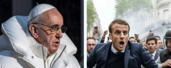 Le Pape qui arbore une doudoune et le président Emmanuel Macron fuyant un manifestant à Paris. Ces fausses images ont été générées par le logiciel d'intelligence artificielle Midjourney. [Midjourney.]