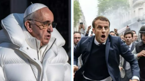 Le Pape qui arbore une doudoune et le président Emmanuel Macron fuyant un manifestant à Paris. Ces fausses images ont été générées par le logiciel d'intelligence artificielle Midjourney. [Midjourney.]