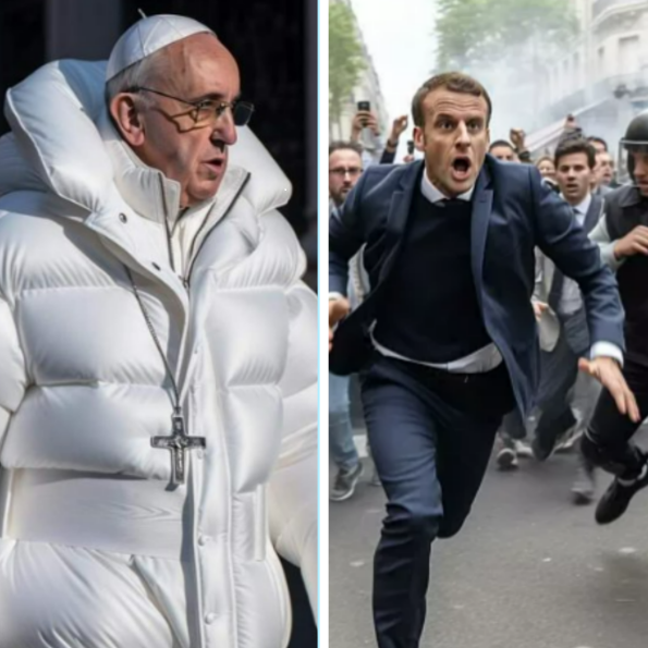 Le Pape qui arbore une doudoune et le président Emmanuel Macron fuyant un manifestant à Paris. Ces fausses images ont été générées par le logiciel d'intelligence artificielle Midjourney. [Midjourney.]