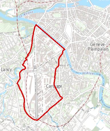 Le périmètre du PAV, à cheval sur les communes de Genève, Carouge et Lancy. [CC BY-SA 4.0 - SITG]