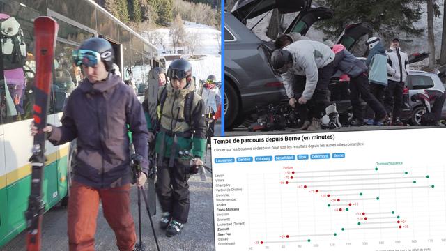Comparaison des temps de parcours entre transports publics et voiture pour rejoindre les stations de ski. [RTS]