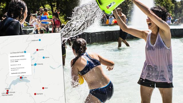 Des personnes participent à une bataille d'eau dans la fontaine du parc de Milan. [Keystone - Jean-Christophe Bott]