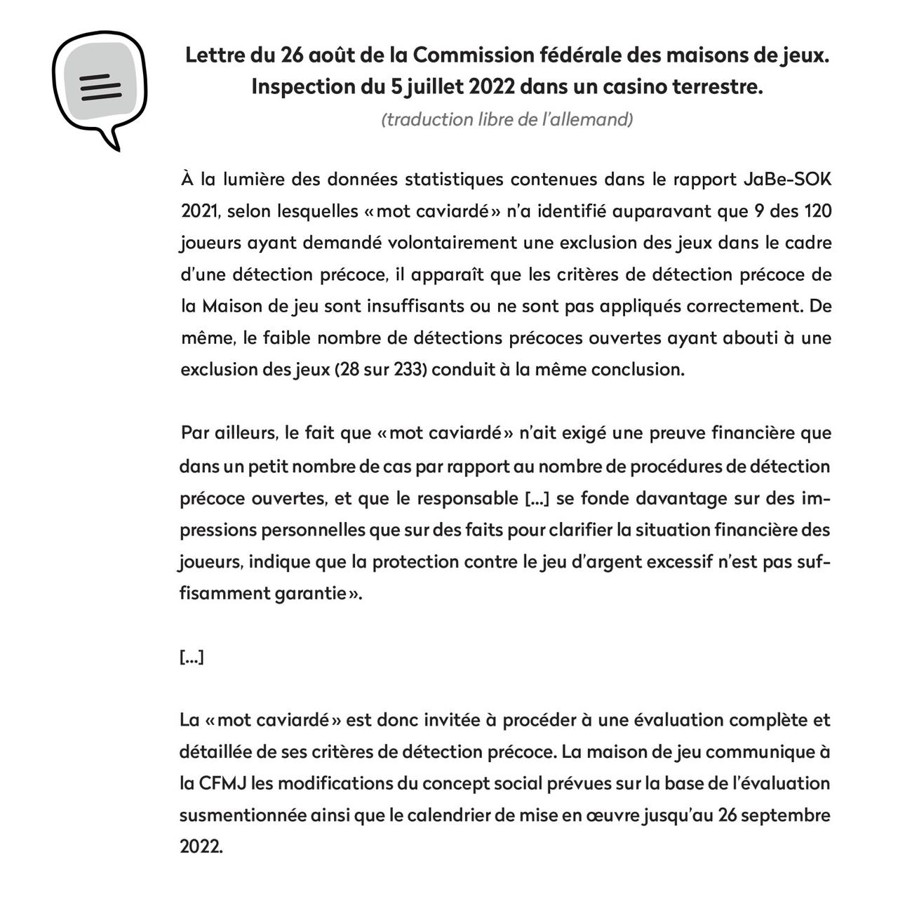 Extrait de lettre du 26 août 2022 de la Commission fédérale de jeux. [RTS - On en parle]