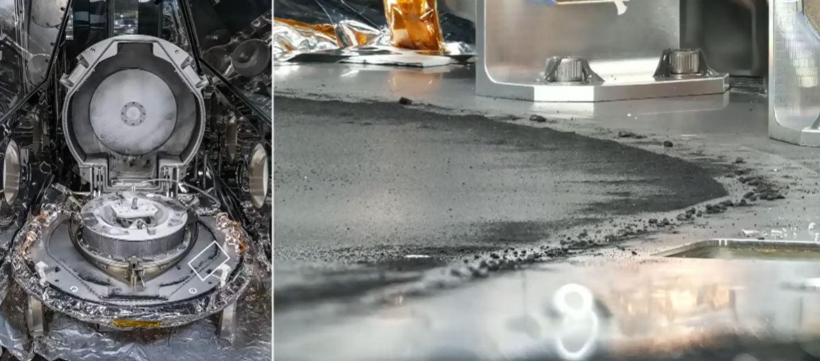 Autour du contenant principal, de la poussière noire provenant de l'astéroïde Bennu: environ un gramme et demi. Le carré blanc sur l'image de gauche est agrandi sur l'image de droite. [NASA TV - capture d'écran]