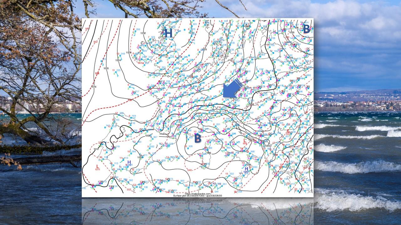 Carte au sol du 26 février 2023 à 12h UTC [Meteocentre.com - Maurice Berger]