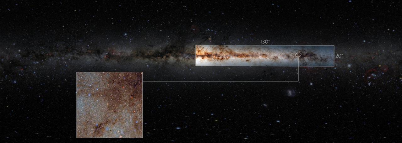 L'étude DECaPS2 ne couvre "que" 6,5% du ciel nocturne... soit le rectangle allongé. [DECaPS2 / DOE / FNAL / DECam / CTIO / NOIRLab / NSF / AURA / E. Slawik - M. Zamani & D. de Martin (NSF's NOIRLab)]