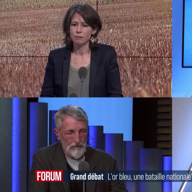 Débat entre Marianne Milano, spécialiste de la gestion et la protection des hydrosystème, Florian Piasenta, président PLR de Salvan, et Pierre Wahlen, municipal Vert de Nyon en charge des Services industriels et de l’environnement. [RTS - RTS]