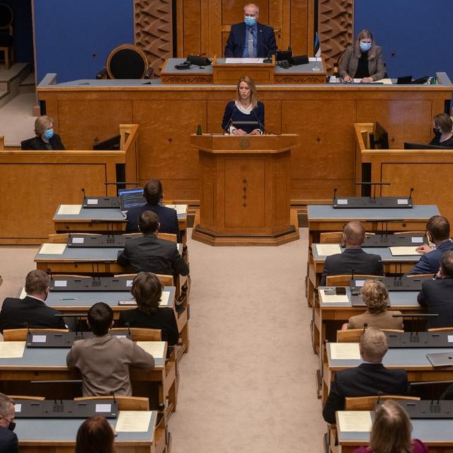 La Première ministre estonienne, Kaja Kallas, s'adressant au Parlement le 25 janvier 2021. [afp - Raigo Pajula]