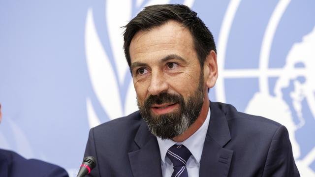 Fabrizio Carboni, directeur régional du CICR pour le Proche et le Moyen Orient, au siège des Nations Unies à Genève le 20 mars 2023 lors d'une conférence de presse sur un accord d'échange de détenus pour le Yémen. [Keystone - Salvatore Di Nolfi]