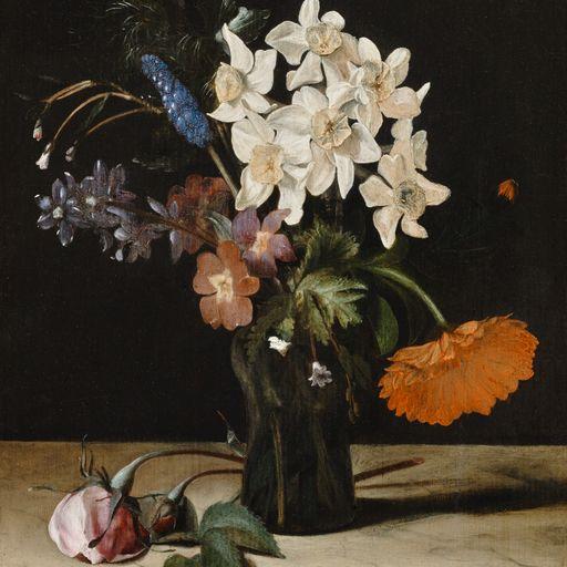 "Narcisses et autres fleurs dans un vase en verre sur une plaque de marbre" de Dirck de Bray. [Kunsthaus Zurich]