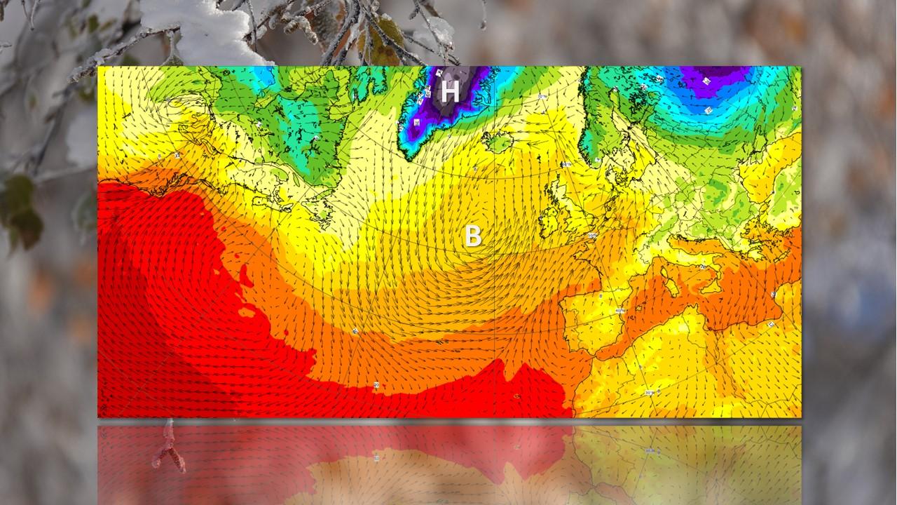 Vents à 30m et températures sur l'Atlantique Nord, prévus par le Centre Européen (ECMWF) pour le 11 décembre 2023. [ECMWF/RTS - Denise Amacher]