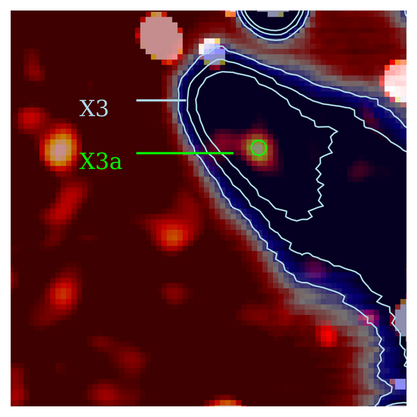 La très jeune étoile X3a dans son enveloppe, X3 (représentée en bleu). L'enveloppe est soufflée par les vents stellaires, d'où sa forme de cigare. Sur des échelles de temps inférieures à 10 ans, des morceaux ("clumps", en anglais) peuvent se former, qui seront à leur tour avalés par X3a. [Florian Peißker]