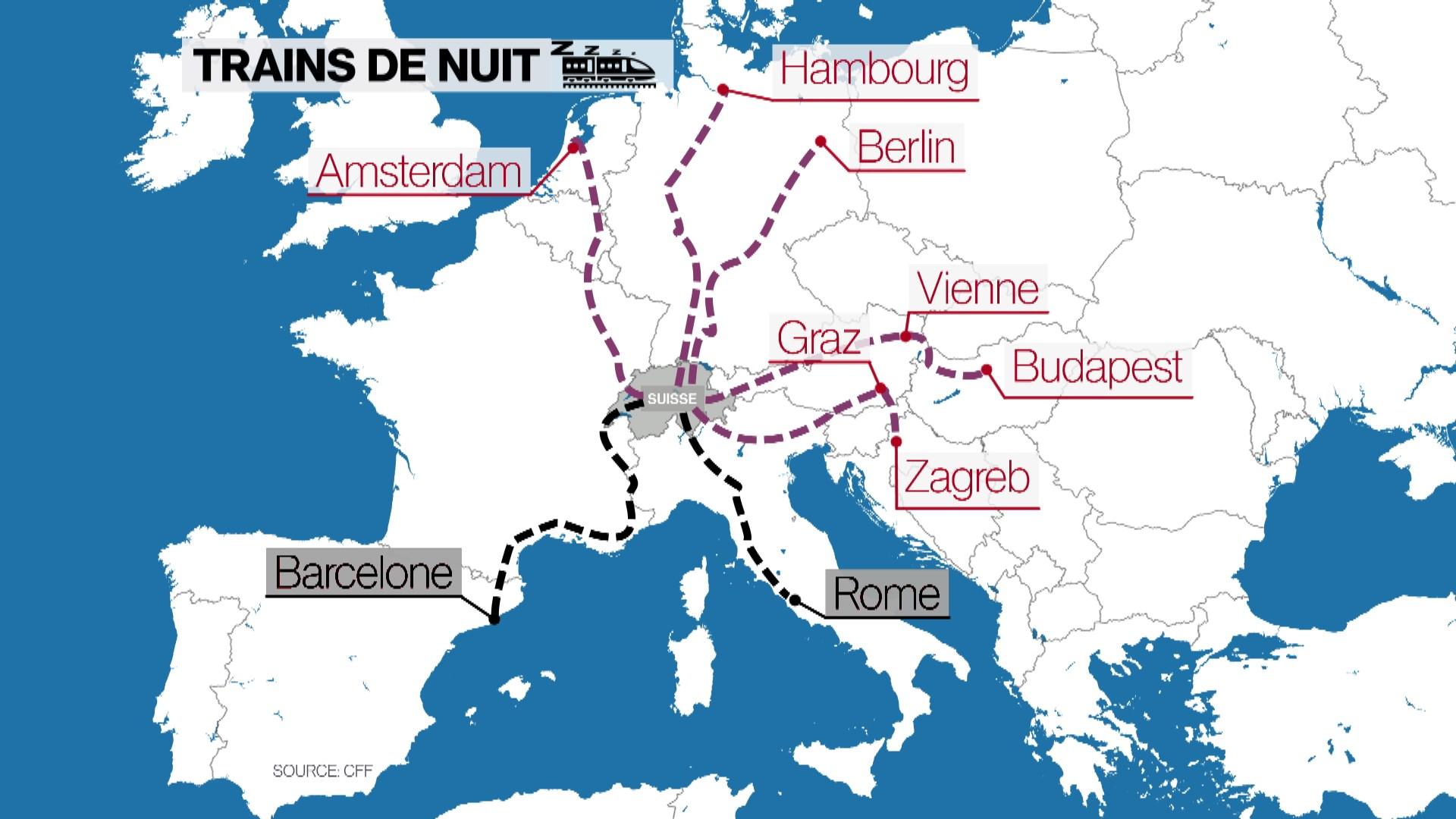 Le réseau de trains de nuit depuis la Suisse (en rouge). Les lignes à destination de Rome et de Barcelone devraient être bientôt disponibles. [RTS]