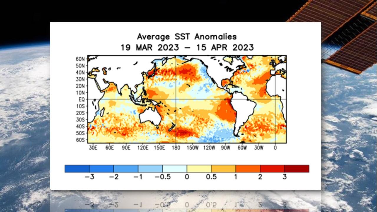 Anomalies de températures à la surface de l'océan entre le 19 mars et le 15 avril 2023 [CPC/NOAA - NASA]