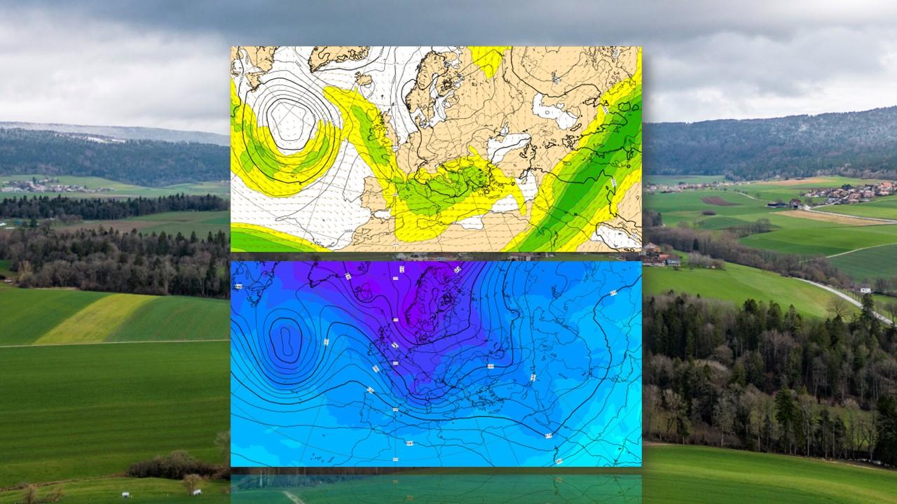 Position du jet-stream et températures en altitude le 27 mars 2023 à 0h00 UTC [ECMWF/RTS - Fabien Gehret]