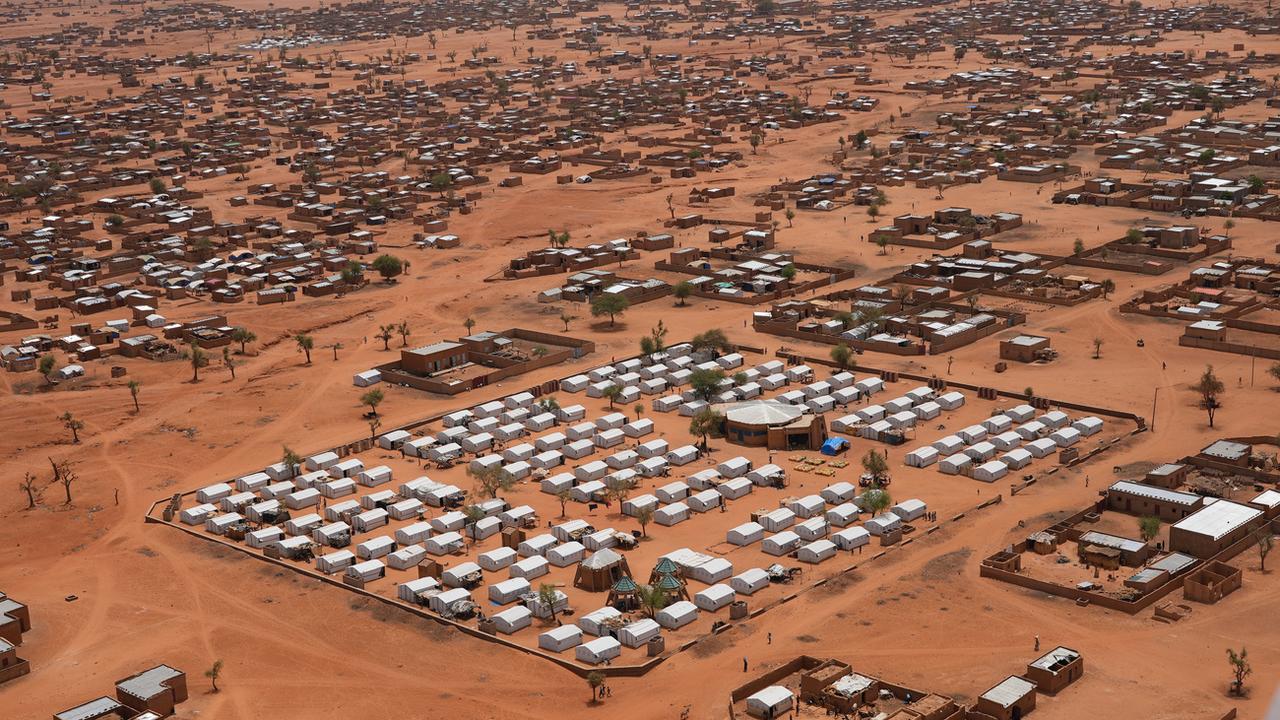 Une vue aérienne d'un camp de déplacés au Burkina Faso. [Keystone - Sam Mednick]