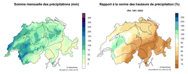 Météosuisse compare la somme mensuelle des précipitations dans son bulletin climatologique de janvier 2023 par rapport à la norme des hauteurs de précipitations. [MétéoSuisse - Capture d'écran]