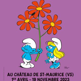 L'affiche de l'exposition "Les Schtroumpfs" au château de Saint-Maurice. [DR - Peyo]