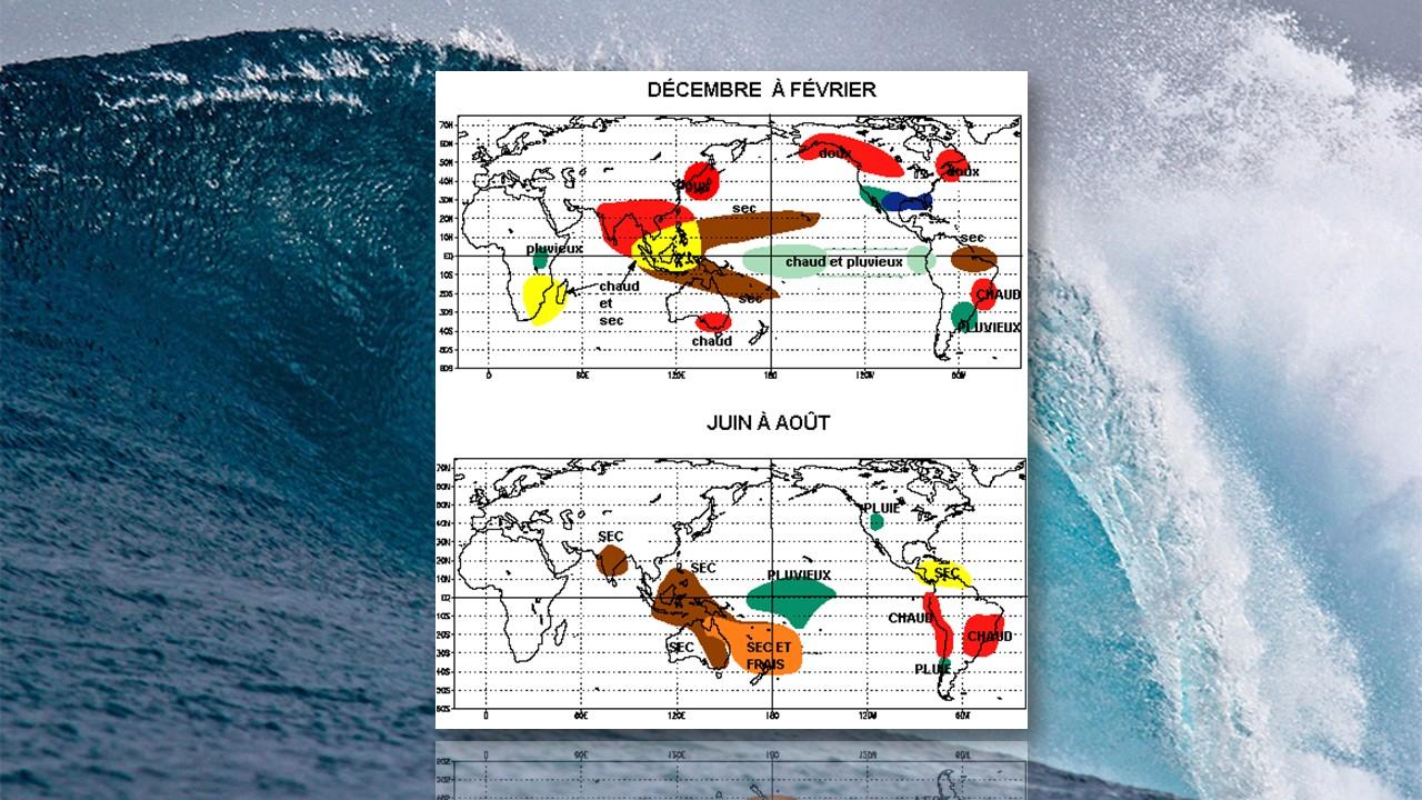 Principaux impacts des épisodes El Niño de décembre à février (en haut) et de juin à août (en bas). [Wikipedia]