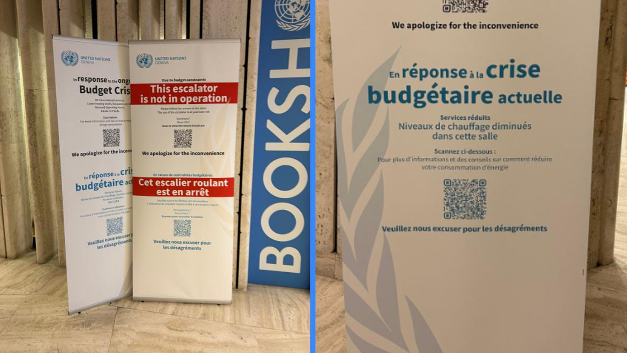 Des panneaux évoquant les mesures d'économie d'énergie au siège de l'ONU à Genève. [RTS - Benjamin Luis]