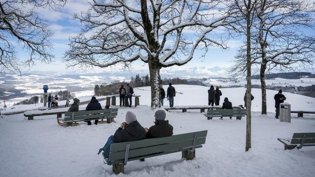 Des promeneurs profitent du paysage enneigé, le 19 janvier 2023 au Gurten, dans le canton de Berne. [Keystone - Christian Beutler]